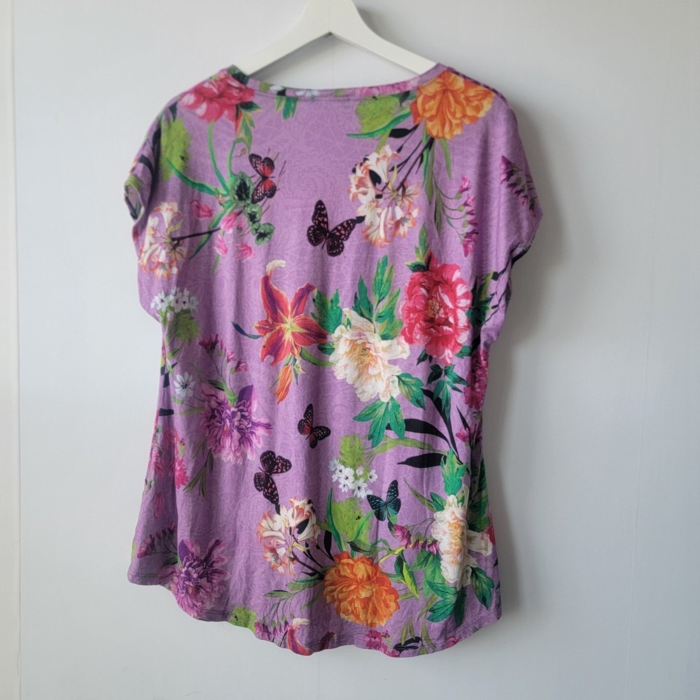 Johnny Was women's Floral Cap Sleeve top purple botanical print crew neck - Picture 2 of 8